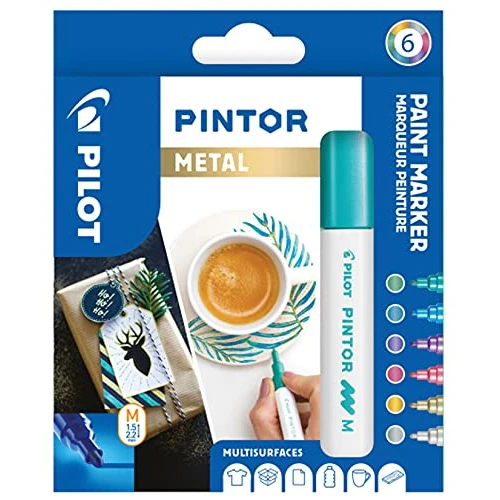 Pilot - Pintor, Busta da 6 Marcatori Multisuperficie a Base d’Acqua, Asciugatura Rapida, Pennarelli Indelebili - Tessuto, Vetro, Legno, Pietra, Fai da te - Punta Media - Colori Assortiti Metallo