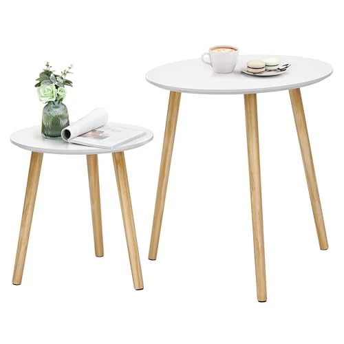 VASAGLE Nesting Side Table, Round End Table, Set of 2, Scandinavian Minimalist Coffee Table with Solid Pine Wood Legs, White and Natural LET07WN