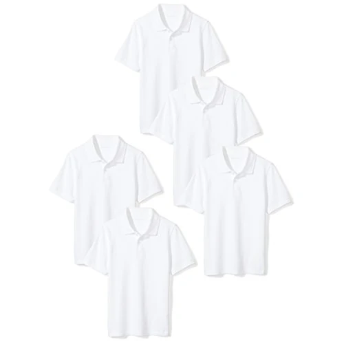 Amazon Essentials Polos en Piqué pour Uniforme Scolaire, Manches Courtes Garçon, Lot de 5, Blanc, 8 Ans