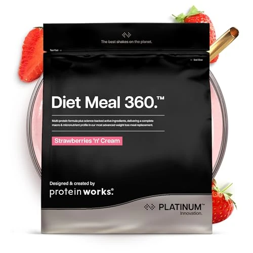 Protein Works | Diet Meal 360 – PLATINUM Innovation, Shake Sustituto de Comidas, Apoya Pérdida de Peso, 26 Vitaminas & Minerales, Linaza, Inulina, Omega-3, Fresas con Nata, 16 Comidas, 1kg
