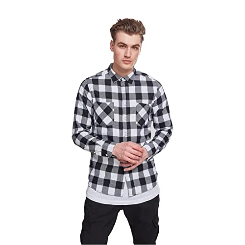 Urban Classics Men's Checked Flannel Shirt Casual Button-Down Shirt, Longsleeve Dress Shirt with Forearm Buttons, Regular Fit, 100% Flannel Yarn blk/wht 4XL