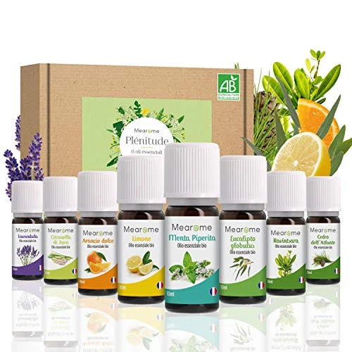 OLI ESSENZIALI BIOLOGICI | Cofanetto 8 x 10 ML | Lavanda, Eucalipto, Menta, Limone, Arancio, Cedro, Ravintsara, Citronella | Aromaterapia | Edibili | Nutrimea | Mearome