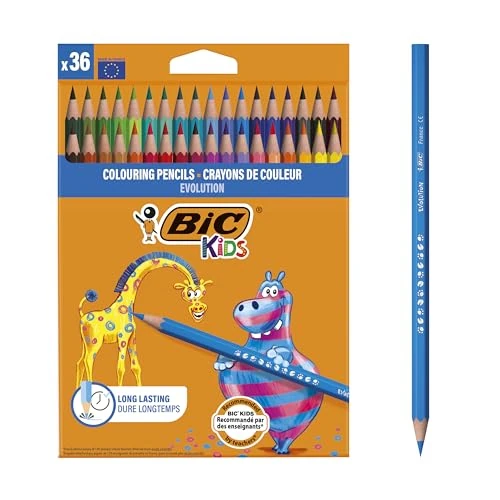 BIC Kids Evolution Kleurpotlodenset, metalen emmer Pack of 36 gesorteerde kleuren