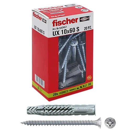 Limited-time offer: Fischer 542457 Dowel with Screw UX, Grey, 10 x 60 mm, Set of 20 Pieces from 10.39 £ to 10.39 £ (save 0.00%)