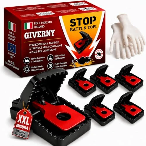 Offerta a tempo: GIVERNY Trappola per Ratti e Topi XXL (Confezione da 6) – Extra Grande, Riutilizzabile e Potente, Senza Veleno, Sicura per Bambini e Animali, con Guanti Inclusi – Uso Interno ed Esterno - 0.00% da 29.90 € a 29.90 €