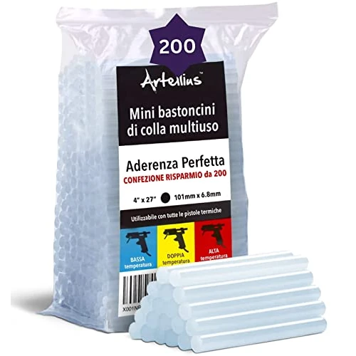 Artellius Mini Baton De Colle Pour Pistolet à Colle Haute Température (Lot de 200 pièces) 10 cm et 7mm de Diamètre - Compatibles Avec la plupart des pistolets à Colle