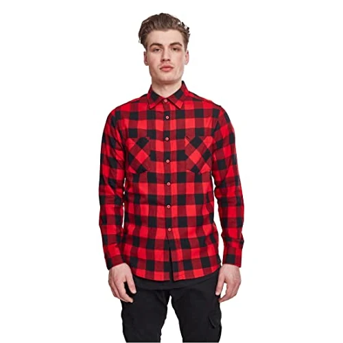 Urban Classics Men's Checked Flannel Shirt Casual Button-Down Shirt, Longsleeve Dress Shirt with Forearm Buttons, Regular Fit, 100% Flannel Yarn blk/red 3XL