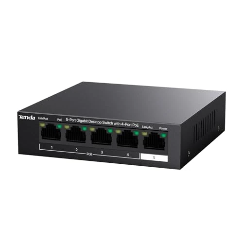 Tenda Switch PoE 5 Ports Gigabit, PoE Switch avec 4 Ports PoE, 58W, Plug and Play, VLAN à Une clé, 6KV Contre-Foudre, Fourniture pour APs, caméras IP et téléphones IP (TEG1105P-4-63W)