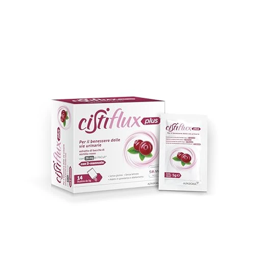 Cistiflux Plus voedingssupplement op basis van cranberry extract, Amerikaanse cranberry en D-mannose, ter bevordering van een correcte werking van de urinewegen, 14 zakken, smaak van bosvruchten