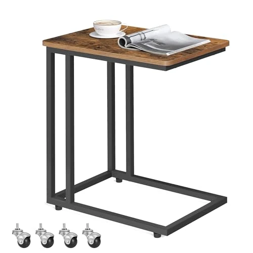 VASAGLE Table d’appoint, Bout de canapé, Table mobile, avec cadre en acier et roulettes, montage facile, style industriel, pour salon, chambre, balcon, Marron Rustique et Noir LNT50X