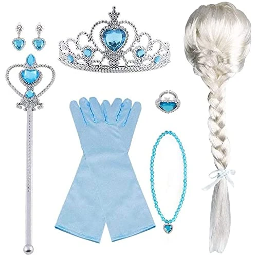 Vicloon Aggiornamento Accessori Costumi per Ragazze Costume Elsa Costume Carnevale - Parrucca/Diadema con un Diamante/Guanti/Bacchetta Magica