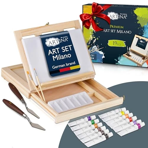 Offre limitee: Artina 19pcs Kit Peinture Acrylique avec Coffret en Bois – Coffret Peinture Enfant avec Malette Chevalet Table, Toile, 12x12 ml Couleurs Acryliques, Pinceau – Kit pour Débutants & Artistes – Milano de 31.99 EUR a 24.99 EUR (economie 22%)