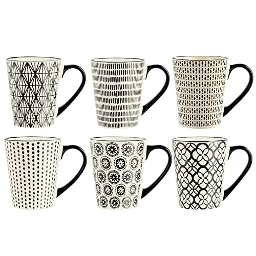Offerta a tempo: H&H Vhera Set 6 Mug in Stoneware (350 ml) – Eleganti Mug Bianco/Nero con Decorazioni Geometriche – Adatte a Lavastoviglie e Microonde - 47% da 41.37 € a 22.01 €