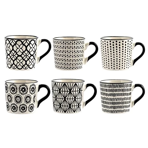 Offerta a tempo: H&H Vhera Set 6 Tazze da Tè/Caffè lungo, in Stoneware (220 cc) – Eleganti in Bianco/Nero con Motivo Geometrico – Adatte a Lavastoviglie e Microonde - 6% da 20.98 € a 19.62 €