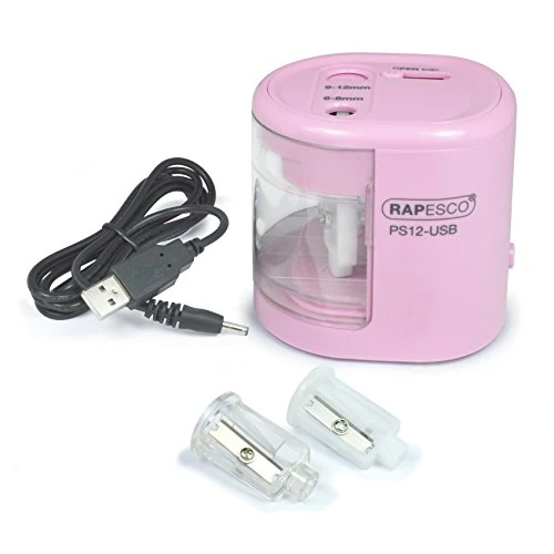 Rapesco 1446 PS12-USB Temperamatite Elettrico a Due Fori alimentato a pila o carica USB, Rosa