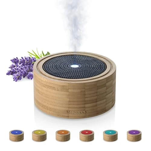 Medisana Aroma Diffuser Bamboo Room Freshener with Timer, Electric Room Fragrance, Essential Oils, Wellness Light in 6 Colors, 100 ml, 1 piece