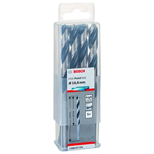 Bosch Accessories 2608577274 HSS PointTeQ (10,6 x 87 x 133 mm) - Set da 5 Pezzi di Punte Elicoidali per Trapano per Metallo, Acciaio, Fusione o Plastica, Grigio (Argento), Ø 10.6 mm