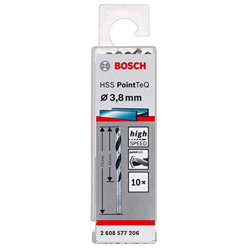 Offerta a tempo: Bosch Accessories 2608577206 HSS PointTeQ (3,8 x 43 x 75 mm) - Set da 10 Pezzi di Punte Elicoidali per Trapano per Metallo, Acciaio, Fusione o Plastica, Grigio (Argento), Ø 3.8 mm - 0.00% da 15.68 € a 15.68 €