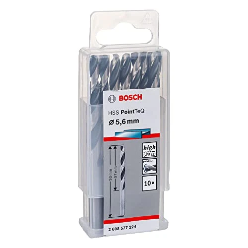 Offerta a tempo: Bosch Accessories 2608577224 HSS PointTeQ (5,6 x 57 x 93 mm) - Set da 10 Pezzi di Punte Elicoidali per Trapano per Metallo, Acciaio, Fusione o Plastica, Grigio (Argento), Ø 5.6 mm - 52% da 18.67 € a 8.89 €
