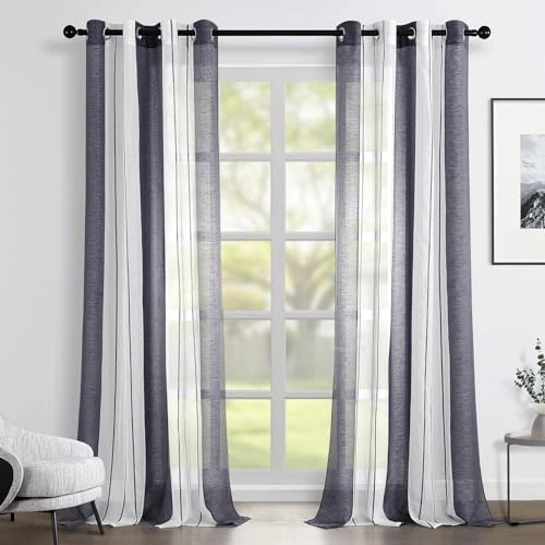 Topfinel Set of 2 Printed Net Curtains for Living Room, Kitchen, Adult Bedroom, with Eyelets Interior Curtain Panels, Semi-Transparent, White and Grey Stripes, 140 x 260 cm