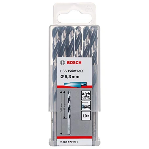 Bosch Accessories 2608577231 HSS PointTeQ (6,3 x 63 x 101 mm) - Set da 10 Pezzi di Punte Elicoidali per Trapano per Metallo, Acciaio, Fusione o Plastica, Grigio (Argento), Ø 6.3 mm