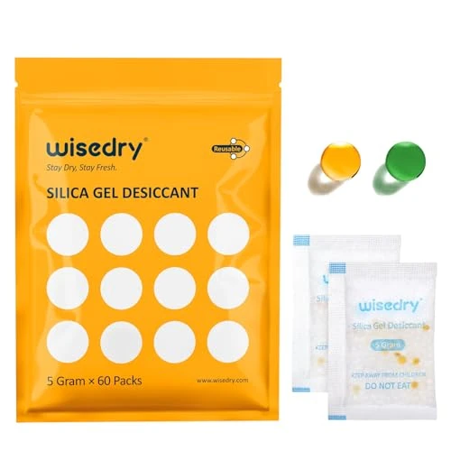 Beperkte aanbieding: wisedry Silicagel Zakjes Zakjes Droogmiddel 5 Gram [60 PAKKETJES] met oranje korrels Vochtindicator Vochtvanger voor luchtdrogers Vochtverwijdering, voedselkwaliteit van 16.99 EUR naar 13.59 EUR (besparing 20%)