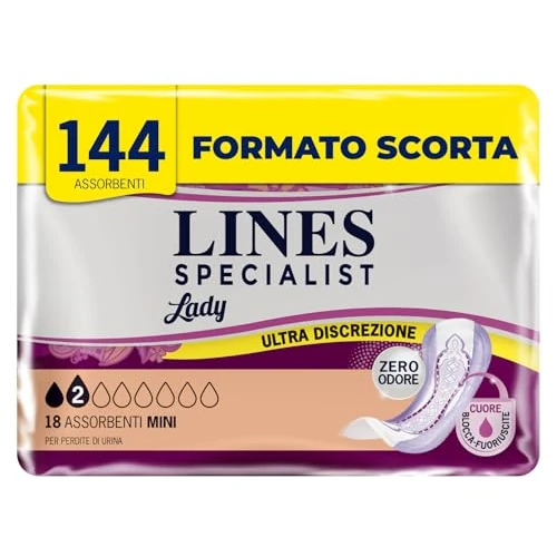Limitiertes Angebot: Lines Specialist Lady Mini, Assorbenti per Incontinenza Donna, con Tecnologia Zero Odore e Barriere Laterali Protettive, Scorta Mensile, 8 Confezioni da 18 Unità von 26.53 EUR auf 26.53 EUR (Spare 0%)