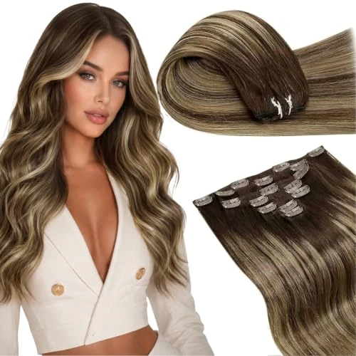 Tijdelijke aanbieding: LaaVoo Clip in Hair Extensions Human Hair 7 Stuks 120g 55 cm Balayage Donkerbruin Mix Caramel Blonde Hair Extensions #4/27/4 van 180.33 € naar 31.43 € (82.57% korting)