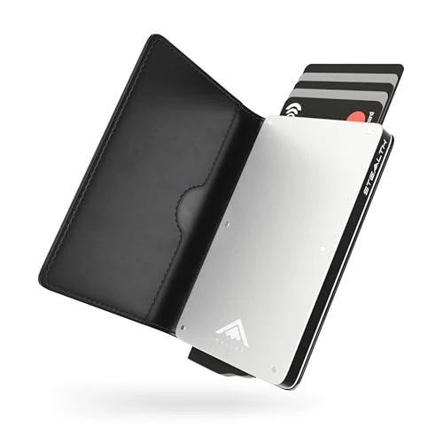 Limited-time offer: Stealth Wallet RFID Card Holder Wallet - Smart Minimalist Pop Up Wallets with Gift Box - Slim Lightweight Metal Credit Card Holders for Men & Contactless Protector (Silver Aluminium, Black Leather) from 21.99 £ to 16.49 £ (save 25%)