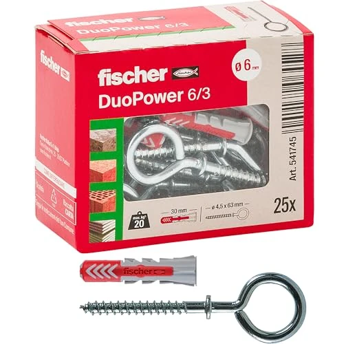 Offerta a tempo: Fischer 25 Tasselli DuoPower con Occhiolo Chiuso, 6 x 30 mm Universali, per Muro pieno, Mattone Forato, Cartongesso, 541745, 25 pz - 43% da 15.50 € a 8.90 €