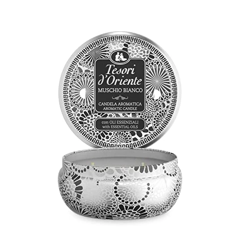 Tesori d'Oriente - Candela Profumata Muschio Bianco, dalle Note Muschiate e Ambrate, con Cere di Alta Qualità e Oli Essenziali, 2 Stoppini, 200gr