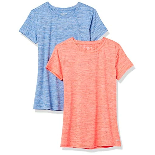 Amazon Essentials Damen Active Quick Dry Tech Stretch Kurzarm-T-Shirt mit Rundhalsausschnitt (in Übergröße erhältlich), 2er-Pack, Hellblau Space-dye/Korallenorange Space-dye, XS