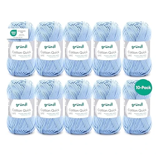Offre limitée : Gründl Laine Cotton Quick uni – laine fine pour crochet – fil à tricoter – fil à crocheter – brillante et douce pour la peau – 100% coton – 10 pelotes 50 g / 125 m – taille d’aiguille 3-4 –Bleu ciel de 28.86 EUR à 28.86 EUR (remise 0%)