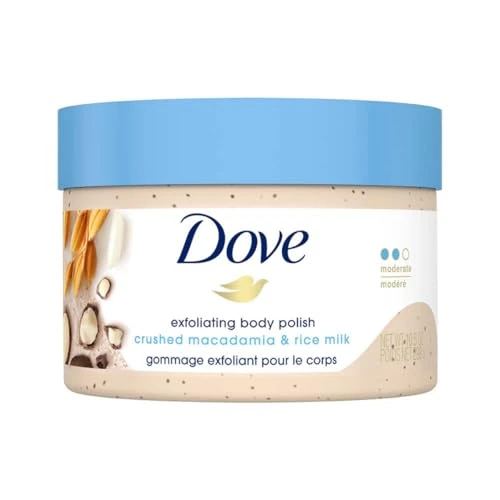 Dove, Exfoliating Body Polish, Macadamia and Rice Milk, Exfoliante Corporal, Macadamia y Leche de Arroz, Piel Suave y Nutrida, Sin Sulfatos, 298 gramos