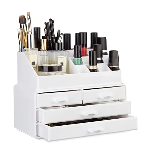 Offerta a tempo: Relaxdays Organizer Make-up, Contenitore con Porta-Rossetti e 4 Cassetti, Acrilico, Beauty Box Salvaspazio, Bianco - 0.00% da 27.99 € a 27.99 €