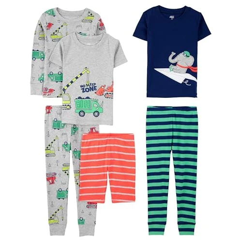 Simple Joys by Carter's Boys' 6-Piece Snug-Fit Cotton Pyjama Set, Pack of 3, Green Stripes/Grey Trucks/Navy Elephant/Orange Stripes, 5 Years