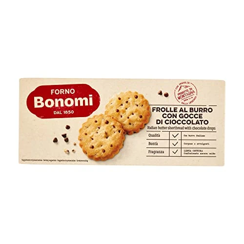 Forno Bonomi Buttermürbteig mit Schokoladenstückchen. Buttermürbegebäck mit Schokoladenstückchen, ideal für einen leckeren Snack. Probieren Sie sie mit Milch oder Kaffee. 150g Packung