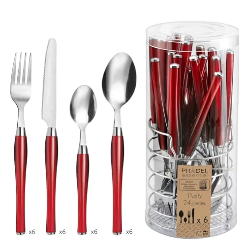 Offerta a tempo: Pradel Essentiel Purity Servizio di Posate da 24 Pezzi, Cestino per 6 Persone, Acciaio Inossidabile Bi-Materiale, Rosso - 36% da 32.80 € a 20.83 €