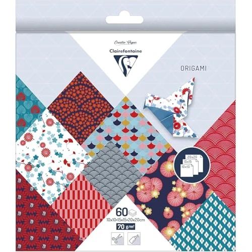 Clairefontaine 95347C - Pack mit 60 Blatt Origamipapier, mit 3 Formaten, 10 x 10cm, 15 x 15cm, 20 x 20cm, 70g, 1 Pack, Hanayo