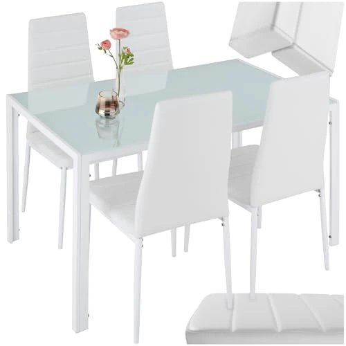 tectake Eetgroep set tafel en stoelen, eettafel en 4 x stoelen, duurzaam kunstleer, tafelblad van veiligheidsglas, keukenstoelen modern, keuken - wit