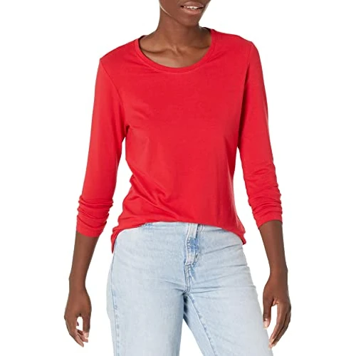 Oferta limitada: Amazon Essentials Camiseta de manga larga con cuello redondo para mujer (disponible en tallas extragrandes), color rojo cereza, talla S de 13.60 € a 13.60 € (ahorro 0.00%)