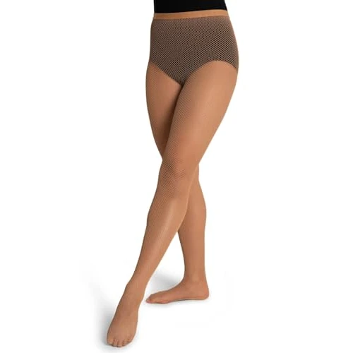 Capezio Women's Professional Fishnet Tight with 1" Elasticized Waistband – Soft Nylon Sock Lining for Comfort, Solid Foot Pads, Perfect for Dance, Toasted Almond, Extra Large