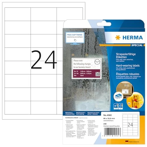 Limited-time offer: HERMA Self Adhesive Film Labels, 24 Labels per A4 Sheet, 10 Sheets, 66 x 33.8 mm, 240 Labels, Blank Weatherproof Labels Stickers, Sticky Labels for Laser & Inkjet Printer, White from 13.85 £ to 13.85 £ (save 0.00%)