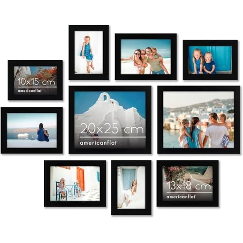Offerta a tempo: Americanflat Set Cornici Foto da Parete e da Tavolo Nere, 10 Pezzi - Due da 20x25 cm, Quattro da 13x18 cm e Quattro Cornici 10x15 cm - Composizione Portafoto da Parete con Vetro Infrangibile - 0.00% da 65.02 € a 65.02 €