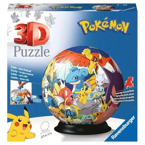 Ravensburger - Puzzle 3D Ball - Pokémon - A partir de 6 Ans - 72 pièces numérotées à Assembler sans Colle - Support Inclus - Diamètre : 13 cm - 11785