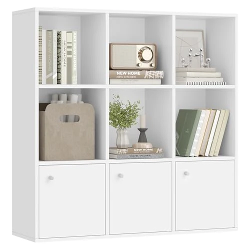 VASAGLE Estantería, Librería de 3 Niveles, Estantería de Almacenamiento Abierto, 29 x 97,5 x 97,5 cm, 3 Compartimentos con Puertas, para Sala de Estar, Estudio, Comedor, Blanco Nube LBC33WT