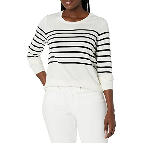 Limited-time offer: Amazon Essentials Women's Long-Sleeve Lightweight Crewneck Jumper (Available in Plus Size), Black White Placed Stripe, S Plus from 9.30 £ to 9.30 £ (save 0.00%)