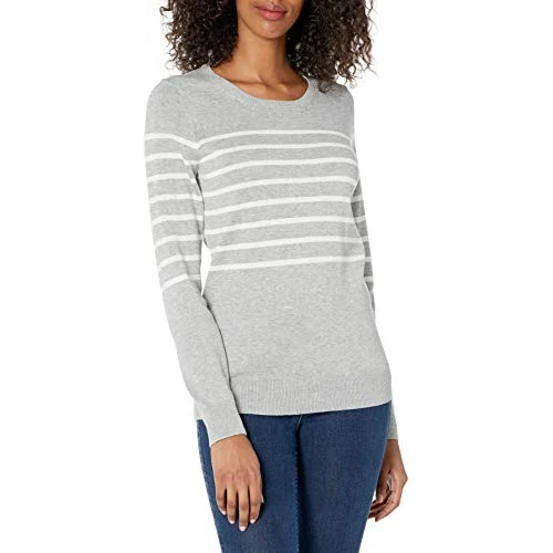 Amazon Essentials Maglione Girocollo Leggero A Maniche Lunghe (Taglie Forti Disponibili) Donna, Bianco Grigio Chiaro Puntinato Riga Piazzata, XL