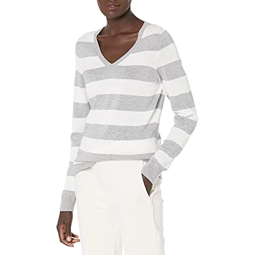 Amazon Essentials Women's Regular-Fit Lightweight V-Neck Long-Sleeve Jumper (Available in Plus Size), Light Grey Heather White Rugby Stripe, M