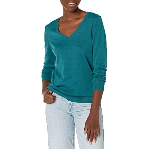 Amazon Essentials Women's Regular-Fit Lightweight V-Neck Long-Sleeve Jumper (Available in Plus Size), Teal Blue Heather, M
